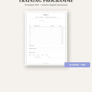 May include: A 12-week training programme printable PDF document featuring a structured weekly workout log. The page includes sections for daily workout focus, duration, checkboxes for completion, weekly goals, challenges, energy levels, and notes.