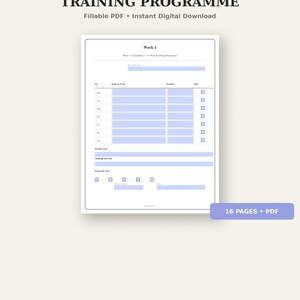 May include: A 12-week training programme digital document featuring a fillable PDF layout. The page displays a weekly schedule with columns for day, workout, duration, and date, including checkboxes and sections for weekly goals and energy tracking.