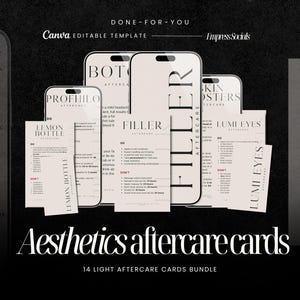 Modèles de cartes de soins postopératoires de Botox et de remplissage Léger, lot imprimable modifiable, soins esthétiques après-vente pour produits injectables, MedSpa, infirmière injecteur