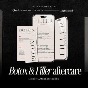 Cartões de cuidados posteriores com Botox e preenchimento | Modelo Canva editável | Cuidados posteriores estéticos MedSpa | Imprimível de injetor de enfermeira para clínicas de beleza