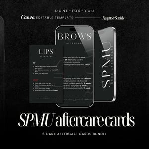 Plantillas de tarjetas de cuidados posteriores a la cirugía de microblading / Microblading, rubor labial, delineador de ojos / Tarjetas de cuidados posteriores a la cirugía de microblading (SPMU) imprimibles y editables / Diseño estético oscuro