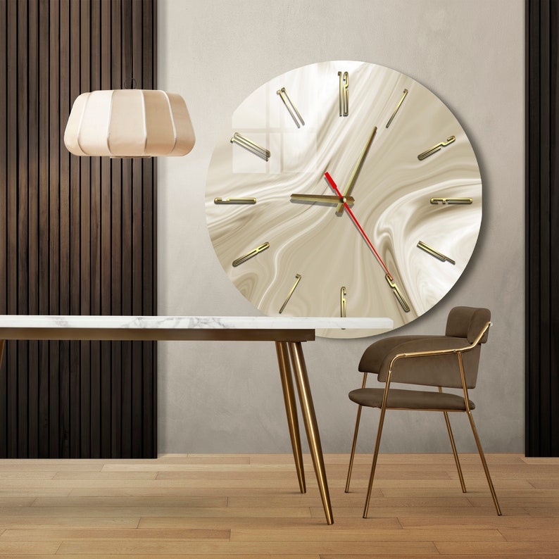 Gold Acrylic Glass Wall Clock, Beige Abstract Large Modern Wall Clock ...