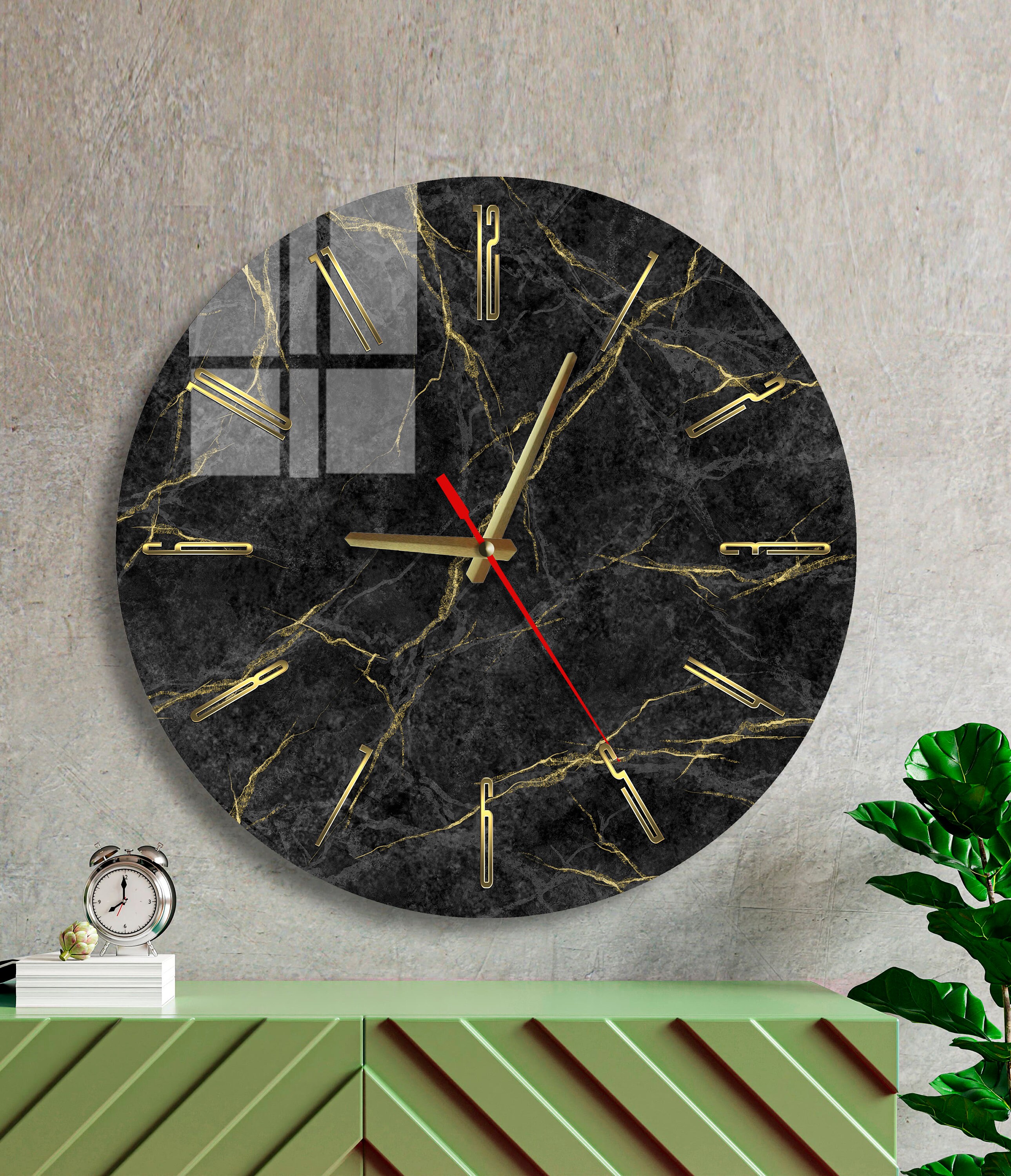 Black and Gold Marble Print Glass Wall Clock Large Modern - Etsy