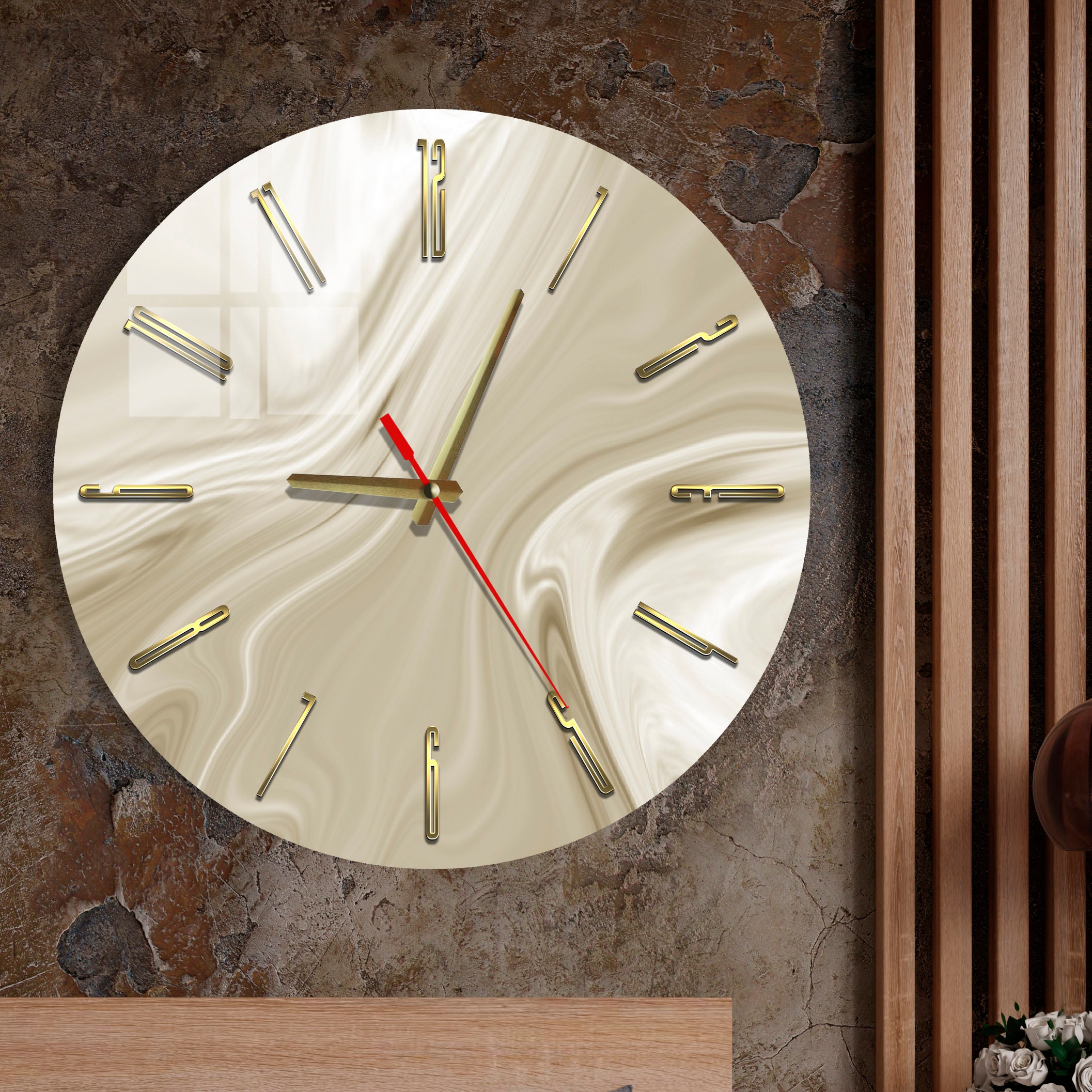 Gold Acrylic Glass Wall Clock, Beige Abstract Large Modern Wall Clock