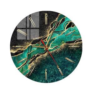 Green and Gold Marble Print Glass Wall Clock, Large Luxury Wall Clock Silent Non Ticking, Home Decor, Custom size, Handmade, Gift Idea