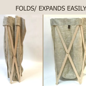 Laundry Hamper, Eco Friendly, Natural Linen Laundry bag, Storage Basket, Large Toy Bin, Adjutable wooden rack, Frabric Organizer, Home Decor
