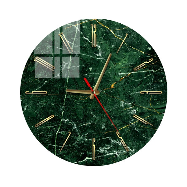 Unique Abstract Green & Gold Marble Glass Wall Clock, Minimalistic Round Wall Clock for Home, Office, No-Ticking, Home Decor, Handmade Decor