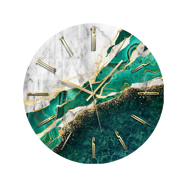 Horloge murale en verre imprimé marbre vert, blanc et or, grande horloge murale de luxe silencieuse sans tic-tac, décor à la maison, taille personnalisée, fait à la main, idée cadeau