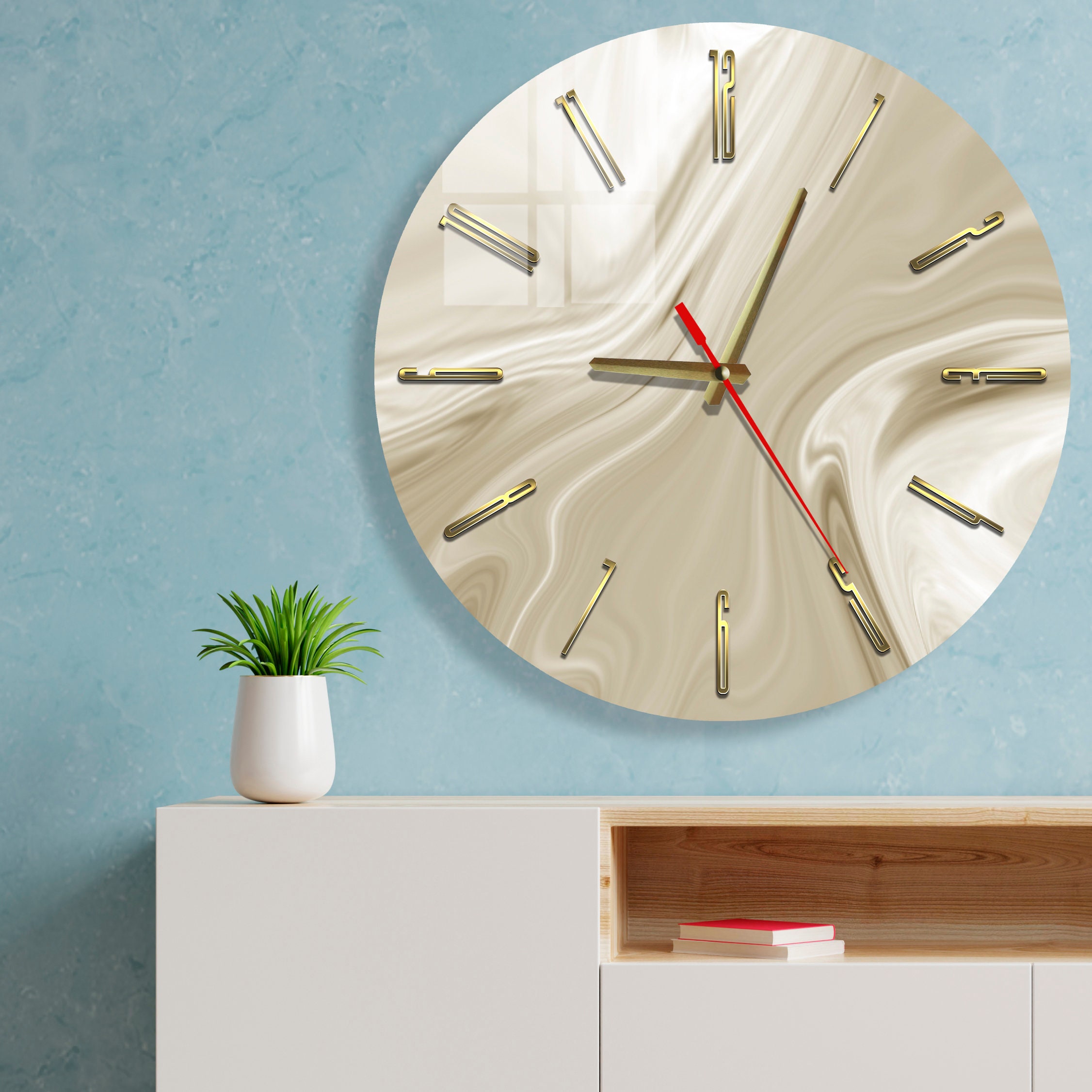 Gold Acrylic Glass Wall Clock, Beige Abstract Large Modern Wall Clock ...