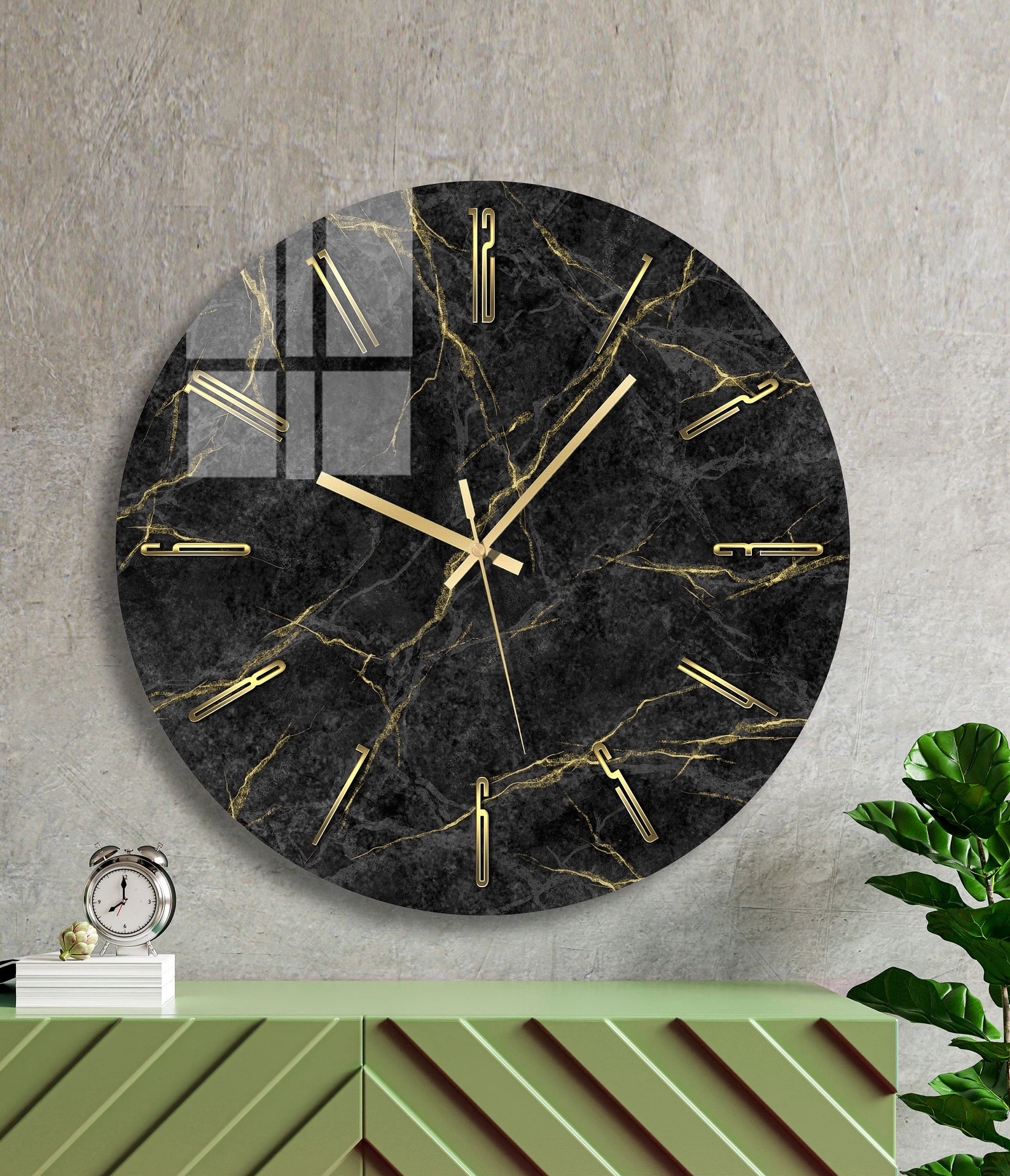 Black and Gold Marble Print Glass Wall Clock Large Modern - Etsy