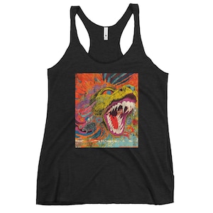 May include: A black tank top with a colorful graphic print of a snarling animal with a yellow face and open mouth. The background is a mix of orange, pink, blue, and green.