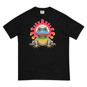 May include: Black t-shirt featuring a colorful illustration of a frog with a sun-like halo. The frog has blue eyes and a rainbow-colored body. The halo is red and orange with white and yellow accents. The shirt is made of a soft, comfortable material.