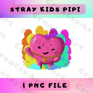 Puede incluir: Un personaje rosa en forma de corazón con una cadena dorada y un dije en forma de corazón, rodeado de globos coloridos y salpicaduras de pintura. El personaje tiene un ojo guiñando y una boca cosida. El texto "STRAY KIDS PIPI" está en la parte superior de la imagen.