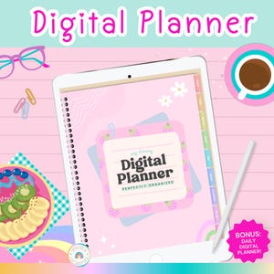 May include: A digital planner displayed on a tablet with the text "Digital Planner" at the top. The planner has a pink and white design with strawberry and floral accents. A stylus, a cup of coffee, and a plate of fruit are also visible.