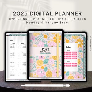 Könnte beinhalten: Ein digitaler Planer für 2025 mit einem floralen Design. Der Planer ist für die Verwendung auf iPads und Tablets gedacht und enthält einen Kalender, ein Index und Abschnitte für Ziele, Geld, Gesundheit und mehr. Der Planer ist hyperverlinkt und beginnt mit einem Montag und einem Sonntag.