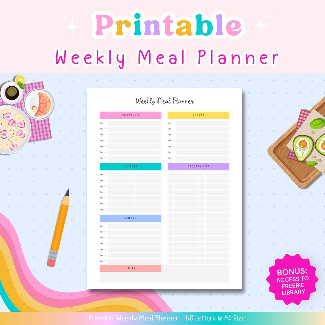Colorful Weekly Meal Planner Printable | Landscape A4 + US Letter ...