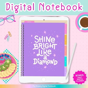 Pode incluir: Um caderno digital num tablet com as palavras "SHINE BRIGHT LIKE a DIAMOND" na capa. A imagem inclui uma caneta, uma chávena de café e o texto "BONUS: DAILY DIGITAL PLANNER!"