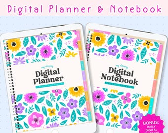Digitale planner en notitieboekbundel voor Goodnotes | Kleurrijk gelinkt notitieboek en planner| Heldere bloemen | GRATIS DIGITALE PLANNER