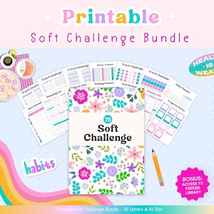 Puede incluir: Un paquete de páginas imprimibles de desafíos suaves con diseños florales. El paquete incluye un planificador de comidas, una lista de compras y un planificador diario. El texto "Printable Soft Challenge Bundle" está en la parte superior. También se ve un lápiz y la palabra "habits".