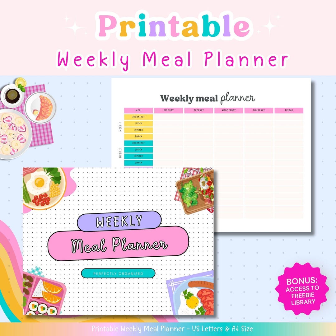 Colorful Weekly Meal Planner Printable | Landscape A4 + US Letter ...