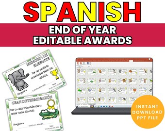 Editable Spanish End of Year Awards Printable Classroom Certificates for Students Premios de Fin de Año Graduation Diplomas