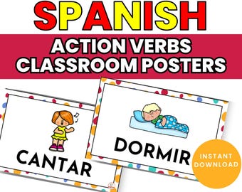 Spanish Action Verbs Word Wall Posters - Elementary Spanish Classroom Decor - Verbos en Español - FLES Spanish Printables - Digital Download