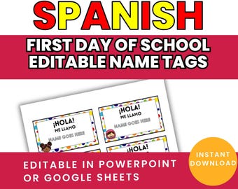 Editable Spanish Name Tags – Hola Me Llamo, Spanish Classroom (PPT & Google Slides Digital Download)