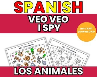 Spanish I Spy Animals Worksheet | Veo Veo Los Animales Activity for Kids | Learn Spanish Language Vocabulary & Numbers | Digital Download