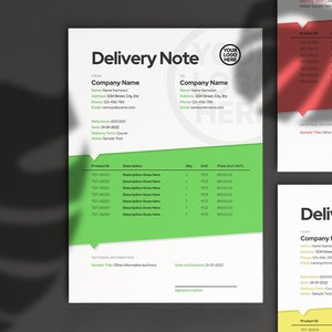 Delivery Note Template. Modern and Easy To Edit Digital Canva Delivery Note Template With 5 Premade Colors. Suitable For All Businesses.