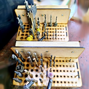 Drill Bit Holder Organizer Stand, Laser Cut / CNC File, Can stand on its own or made to hang from a French cleat or on installed on a wall.