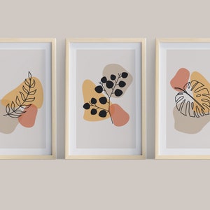 Botanical Line Drawing Print Set of 3 - Instant Download, One Line Leaf Poster, One Line Art Set, Blush Beige Neutral Printable Wall Art