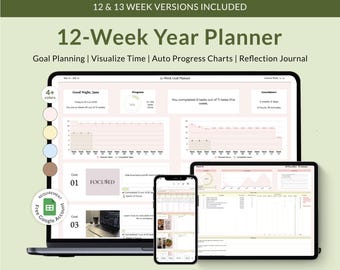 12-Week Goal Planner Google Sheets, Quarterly Goal Tracker, 90-day Journal