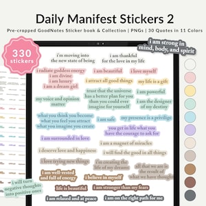 Puede incluir: Una ilustración digital de 30 frases motivacionales en 11 colores diferentes. Las frases están precortadas y listas para ser usadas como pegatinas en la aplicación GoodNotes. Las frases incluyen afirmaciones como "Soy fuerte en mente, cuerpo y espíritu", "Estoy agradecido por el amor en mi vida", y "Soy un imán de milagros".