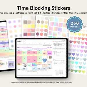 May include: A digital planner screen with a weekly schedule and a set of 250 colorful stickers. The stickers include hearts, circles, and squares in various pastel colors. The text "Time Blocking Stickers" is at the top of the image.