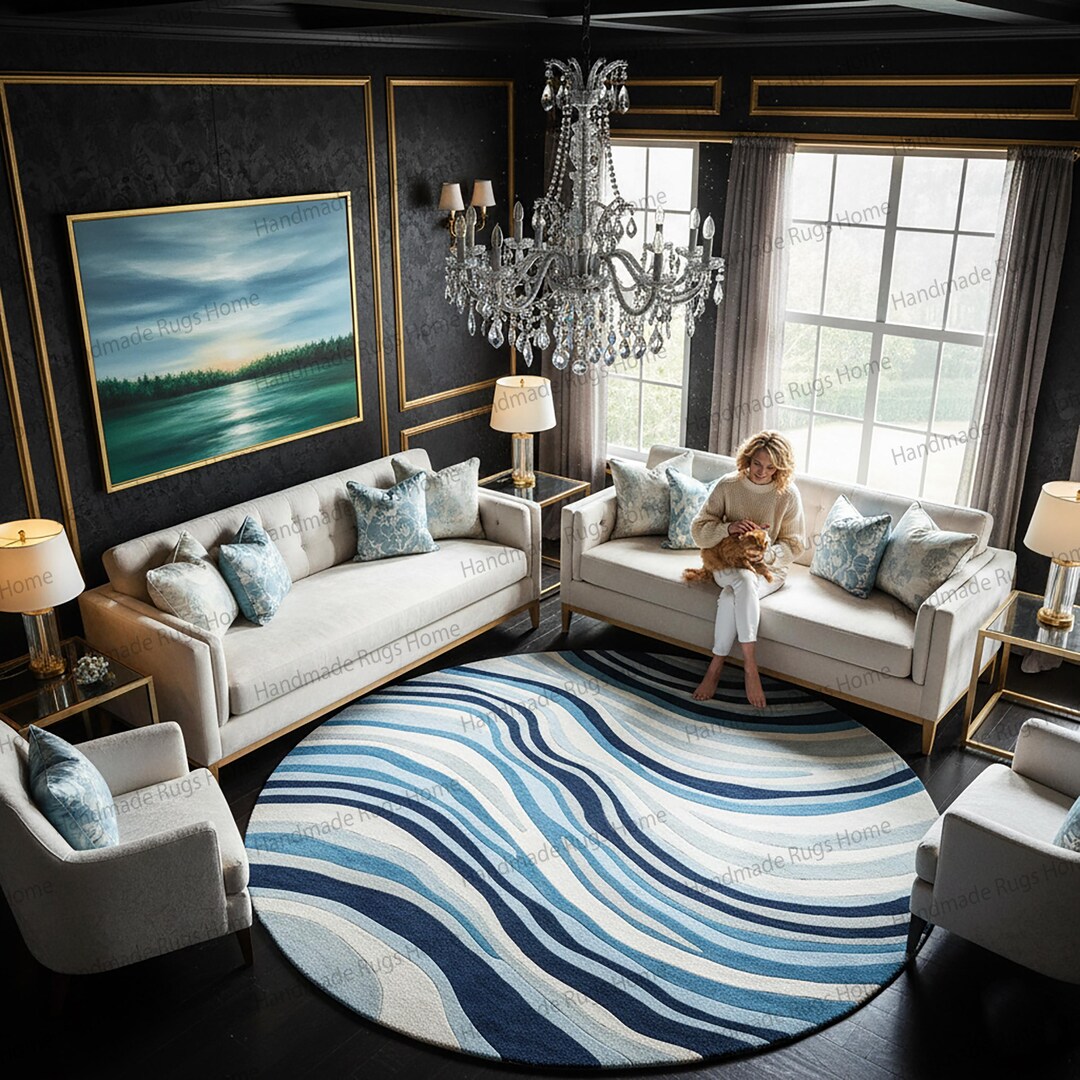 Hand-tufted Wool Round Rug: Abstract Ocean Wave, Coastal Decor - Etsy