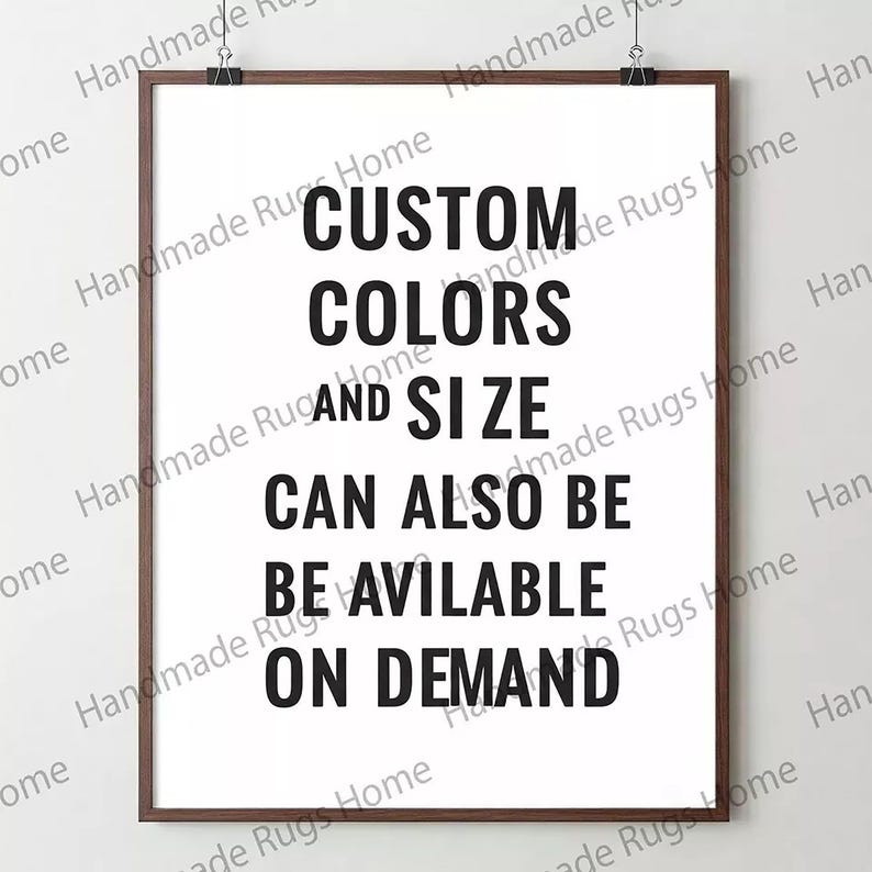 Bold text sign stating custom colors and size available on demand, perfect for a navy blue gold area rug order