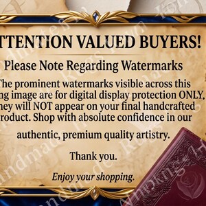 Ornate seller notice about watermarks and authenticity, caution for buyers viewing the navy blue gold area rug listing