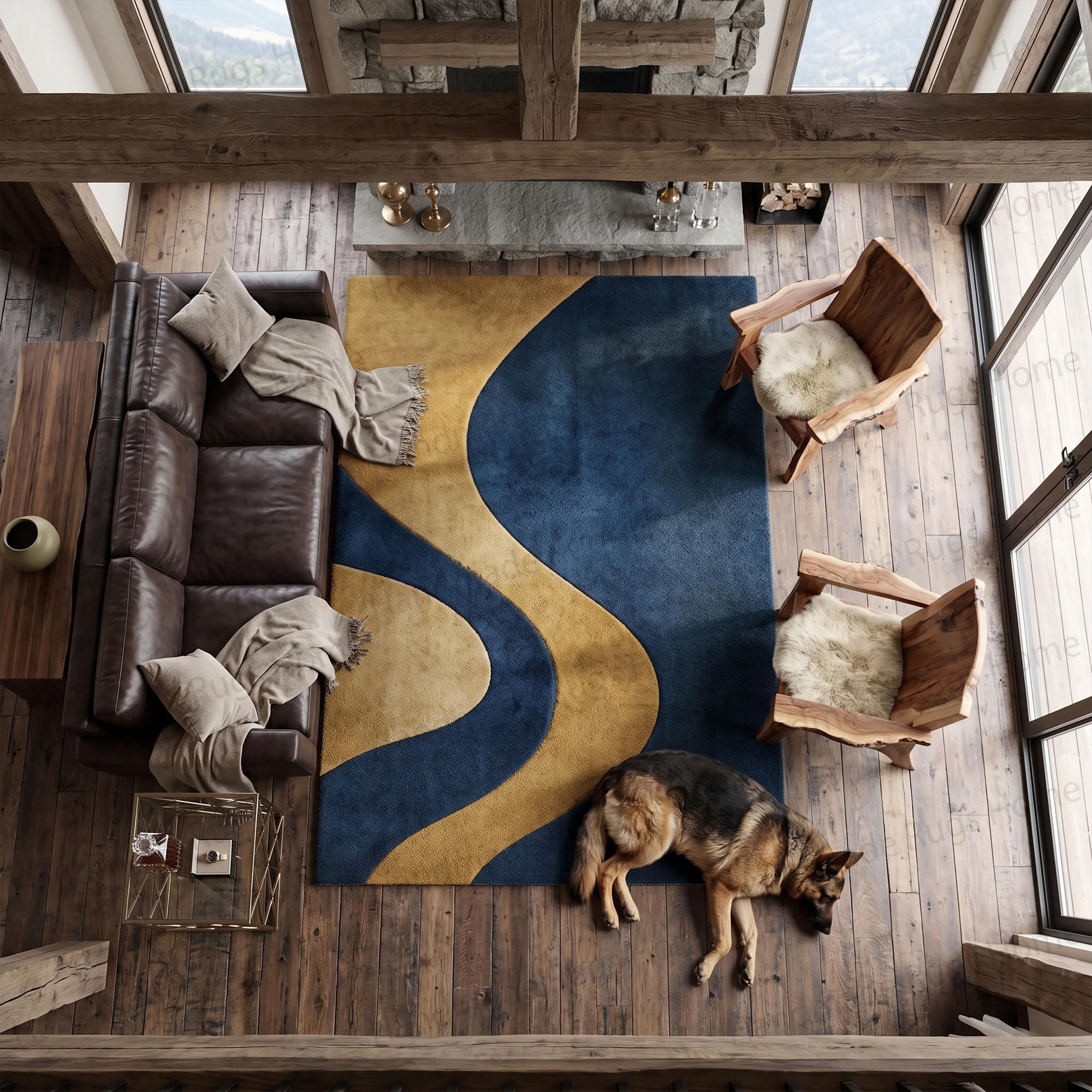 Blue Gold Area Rug, Hand Tufted Wool Design, Mid Century Modern Living Room Decor