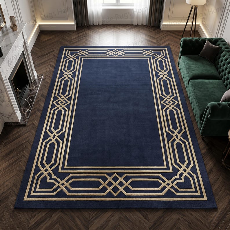 Top-down hallway placement, rectangular rug with linear center and gold border, navy blue gold area rug
