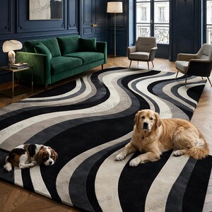 Hand tufted black gray ivory abstract wool rug in luxury living room,

Contemporary wave pattern area rug with sculpted curves,

Obsidian and ash designer carpet styled in elegant interior,

Modern monochrome wool rug on herringbone wooden flooring,

Luxury lounge featuring abstract flowing stripe floor decor