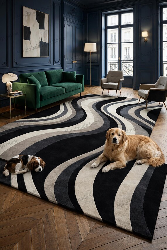 Modern Wool Rug, Abstract Area Carpet, Black Ivory Rug