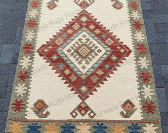 Tapete Dhurrie de Lã Tecido à Mão 5 x 7 pés: Tapete Geométrico Tribal Boho