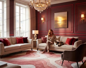 Hand Tufted Wool Wave Rug | Burgundy Blush Abstract Carpet