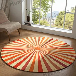 Sunburst Round Rug - Vibrant Orange & White Area Rug for Modern Living Room Decor, Energy Boosting and Comfort