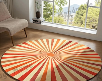 Round Sunburst Rug, Vibrant Orange Living Room Decor, Hand-Tufted Wool Accent