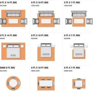 May include: Diagrams showing furniture arrangements with rugs of various sizes. Includes living room, bedroom, and dining room layouts. Rug sizes are 10 ft x 14 ft, 8 ft x 10 ft, and 5 ft x 7 ft. Bedroom layouts show king and queen beds.