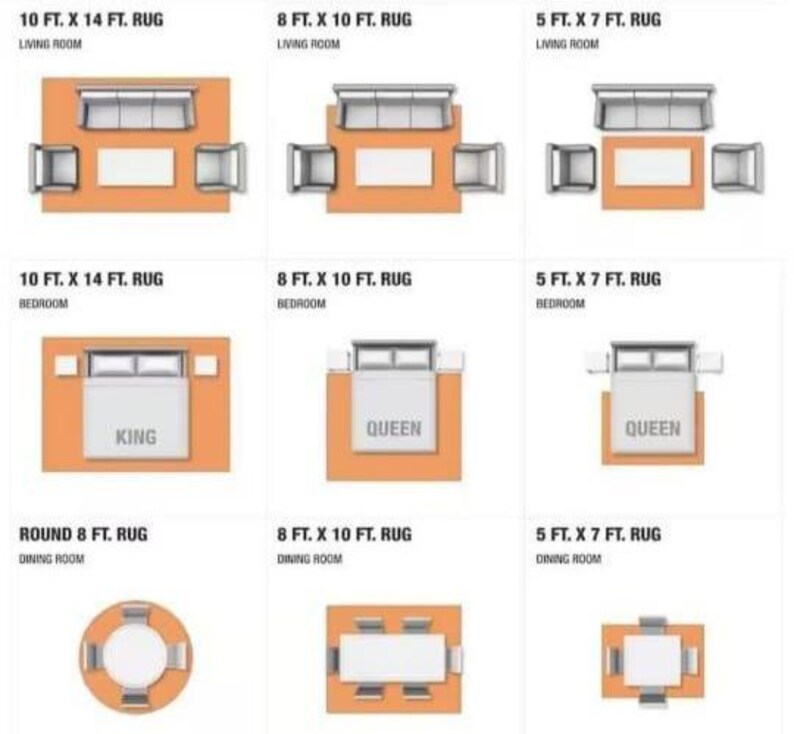 May include: Diagrams showing furniture arrangements with rugs of various sizes. Includes living room, bedroom, and dining room layouts. Rug sizes are 10 ft x 14 ft, 8 ft x 10 ft, and 5 ft x 7 ft. Bedroom layouts show king and queen beds.