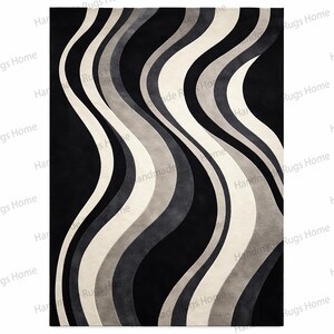 Premium handmade tufted rug with layered tonal design,

Artistic black and cream area rug beneath emerald sofa,

Sophisticated living room with bold statement carpet,

High density wool rug with smooth curved pattern,

Charcoal gray ivory floor covering in upscale home