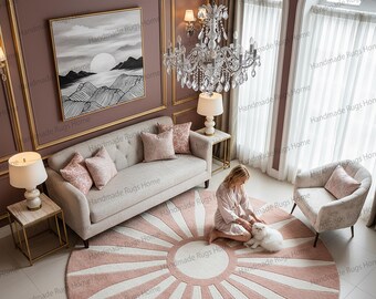 Blush Pink Round Rug, Radial Sunburst Design, Hand Tufted Wool Carpet for Bedrooms
