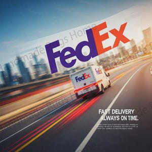 May include: A white FedEx delivery truck speeds down a highway, with the FedEx logo prominently displayed. The image features the text "FAST DELIVERY ALWAYS ON TIME."